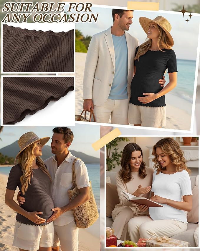 3 Pack Women's Maternity Ribbed Shirts Cotton Short Sleeve Pregnancy Tops Boat Neck Lettuce Trim Mama Clothes