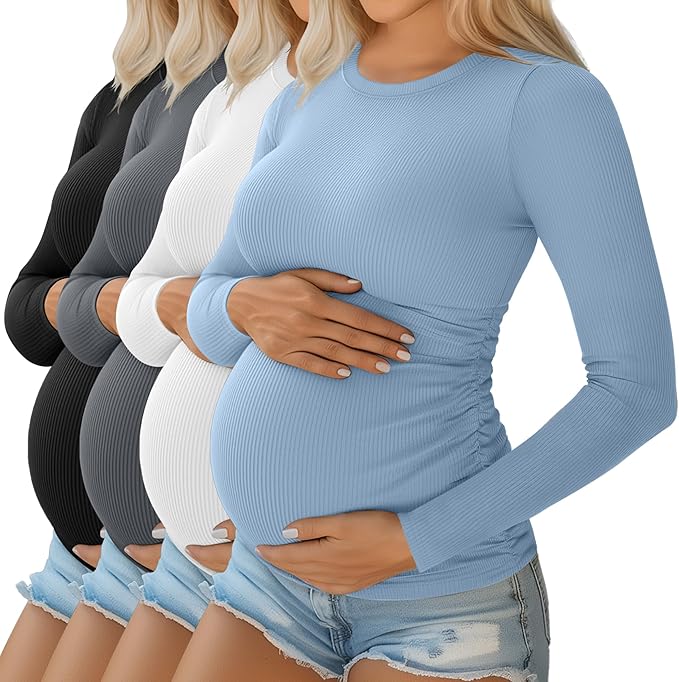Ficerd 4 Pack Women's Maternity Shirts Cotton Long Sleeve Ribbed Crew Neck Pregnancy Tops Side Ruched Casual Mama Clothes
