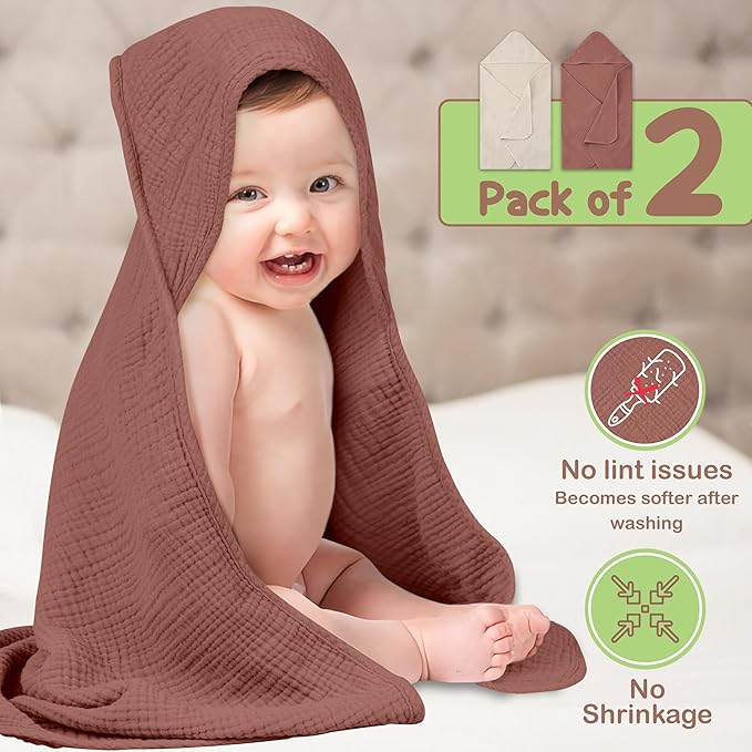 100% Organic Cotton Muslin Baby Hooded Towels 32x32 Inch – 2 Pack Soft & Absorbent Newborn Bath Towels for Boys & Girls, Premium Hooded Towels, Ultra-Gentle Baby Essentials in Rust/Ivory