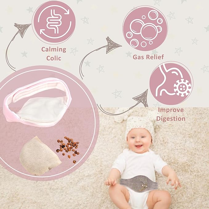 Baby Colic Gas and Upset Stomach Relief for Newborns-100% Cherry Seed-Heated Tummy Wrap-Colic Baby Swaddling Belt for Natural Relief–Soothing and Calming (Pink)