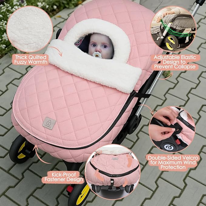 ACRABROS Car Seat Cover Baby: Winter Infant Carseat Canopy for Boy Girl Newborn, Zipper Peeping Window, Warm Cozy Cold Weather Waterproof Fitted, Pink