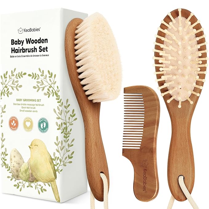 Baby Hair Brush Set for Newborns - Soft Goat Bristle Wooden Baby Brush and Comb Set Newborn Grooming Kit for Cradle Cap, Durable & Gentle, Boy, Girl Infant Essentials Care Kit (Oval, Dark Walnut)
