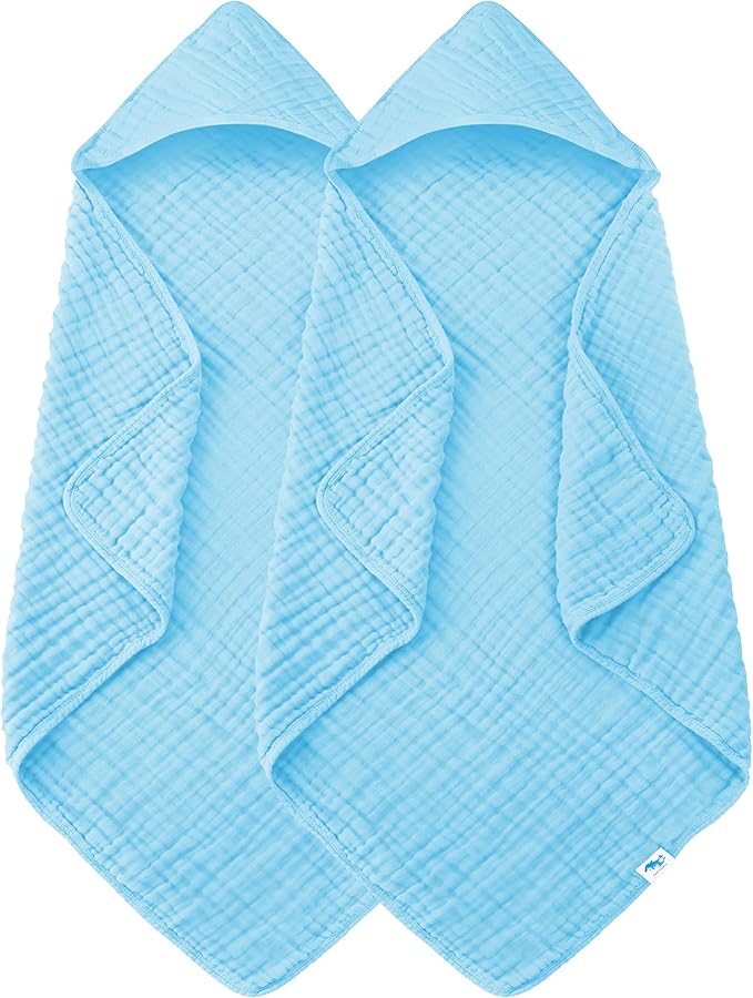 SWEET DOLPHIN Muslin Hooded Baby Bath Towels - 2 Pack 100% Cotton Towel for Babies, Infants, Toddlers - 32x32Inch - Highly Absorbent and Newborn Essential, Blue
