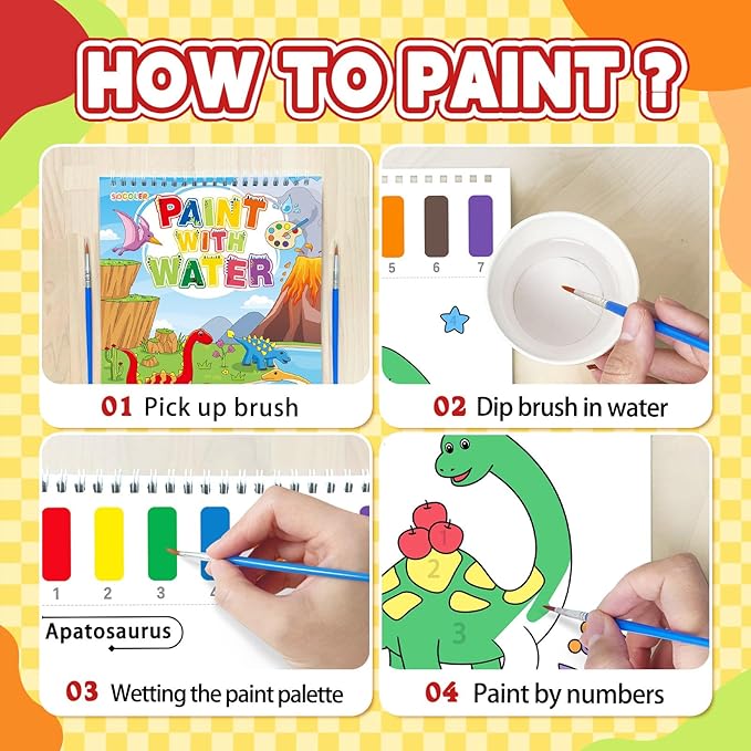 SOCOLER Paint with Water Coloring Books for Toddlers, Watercolor Painting Books for Kids Water Color Paint Kit Art Craft Birthday Gift for Ages 1-3, 4-8 (Dinosaurs)