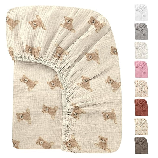 100% Organic Cotton 52x28 Inches Muslin Crib Sheets Fitted Crib Mattress Sheet for Baby Girls & Boys, Soft Boho Neutral Toddler Bedding Bed Sheets Fits Well Standard Size Crib Mattress 28x52 Inches