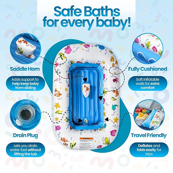Mommy's Helper | Inflatable Under The Sea Baby Bathtub, Collapsible Safe Baby Bath Tub with Anti-Sliding Saddle Horn Seat, Must Have Travel Toddler Bath, Portable Bathtub Recommended Months 3 to 18