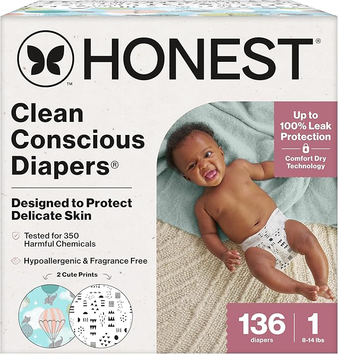 The Honest Company Comfort Dry Disposable Diapers for Sensitive Skin, Hypoallergenic, Above It All + Pattern Play, Super Club Box Size 1 (8–14 lbs) 136