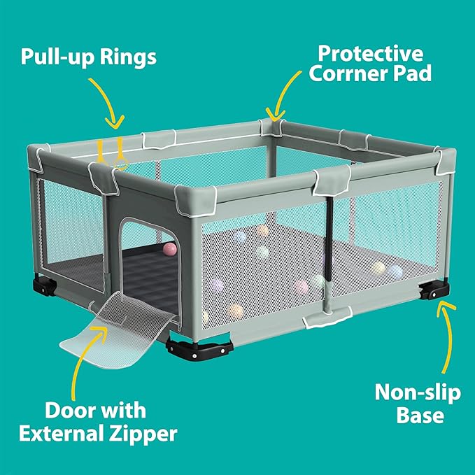 Foldable Playpen for Babies and Toddlers, 71"x59" Inches Portable Playpen with Mat, Kids Collapsible Play Pen with 2 Handlers, Indoor & Outdoor Baby Play Area with Visible Mesh (Light Green)