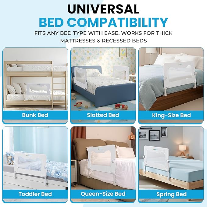TotCraft MiniFlex Adjustable Length & Height Bed Rail for Toddlers – 35.5″ or 47″ Two Fixed Lengths,Fits Twin, Full & Queen Beds – 14 Height Levels – ASTM Certified Baby Bed Rail Guard (White)