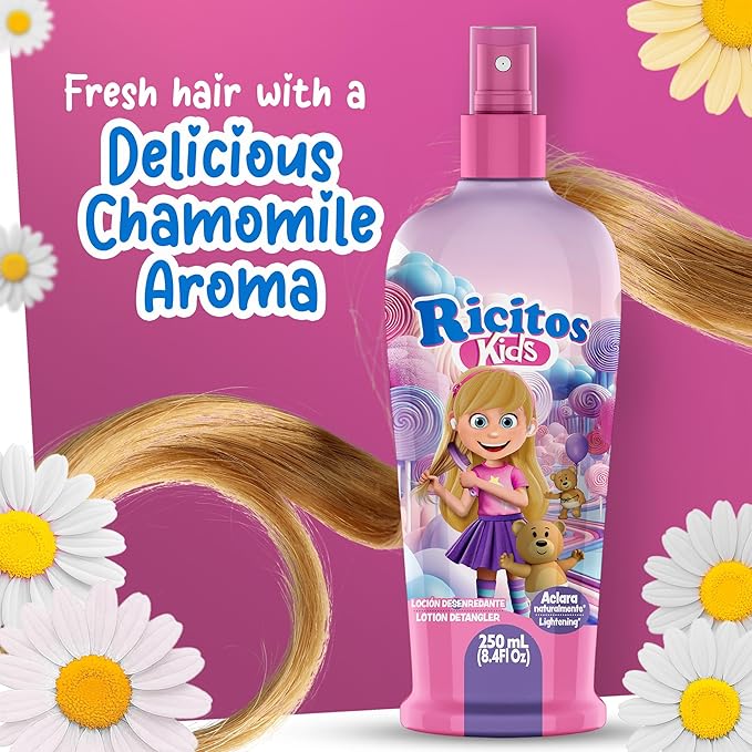 Ricitos Kids Chamomile Hair Lotion Leave-In Detangler, Natural Lightening Spray for Girls, Gentle Paraben-Free Formula for Easy Brushing, Knot-Free Hair, Soft Texture and Shine, 8.4 Fl Oz, Pack of 3