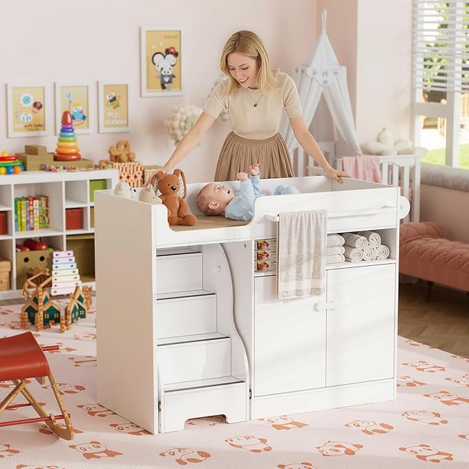 PAKASEPT Baby Changing Table with Stairs & Storage, Nursery Dresser Modern Diaper Changing Station, Dresser for Nursery with Adjustable Shelves, Storage Crib with Changing Table
