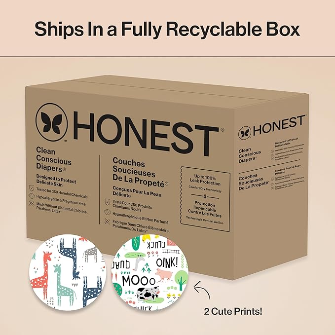 The Honest Company Comfort Dry Disposable Diapers for Sensitive Skin, Hypoallergenic, Fragrance-Free, Multi-Colored Giraffes + Barnyard Babies, Super Club Box Size 2 (12-18 lbs), 124 Count
