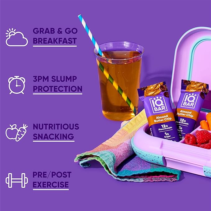 IQBAR Brain and Body Clean Plant Protein Bars - Almond Butter Chip - 24 Bars - Keto, Vegan, High Fiber, Gluten and Dairy Free, Low Sugar Snack with Nutrients for Focus, Energy, Meal Replacement