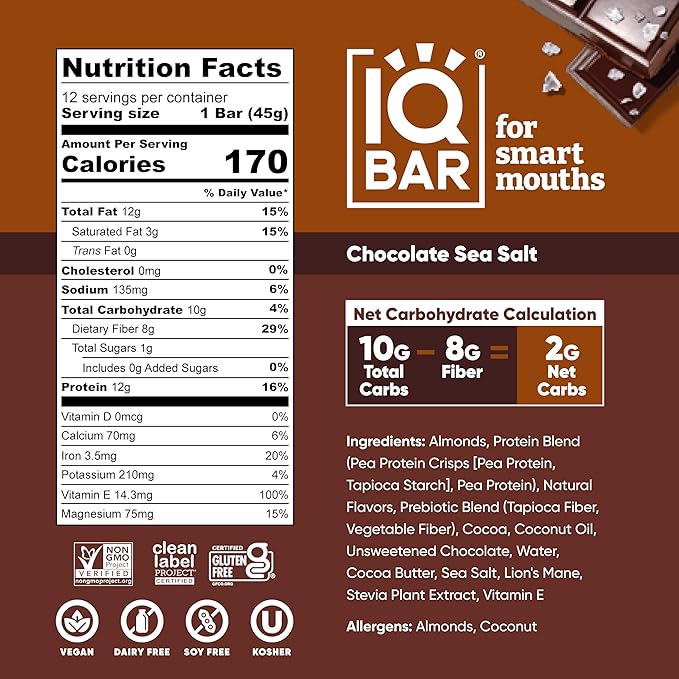 IQBAR Brain and Body Clean Plant Protein Bars - Chocolate Sea Salt - 12 Bars - Keto, Vegan, High Fiber, Gluten and Dairy Free, Low Sugar Snack with Nutrients for Focus, Energy, Meal Replacement