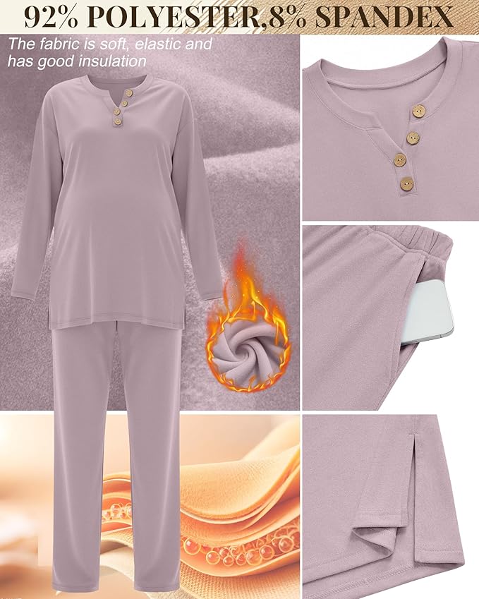 2 Piece Thermal Maternity Lounge Set Postpartum Pregnancy Fleece Loungewear Long Sleeve Top and Wide Leg Pant