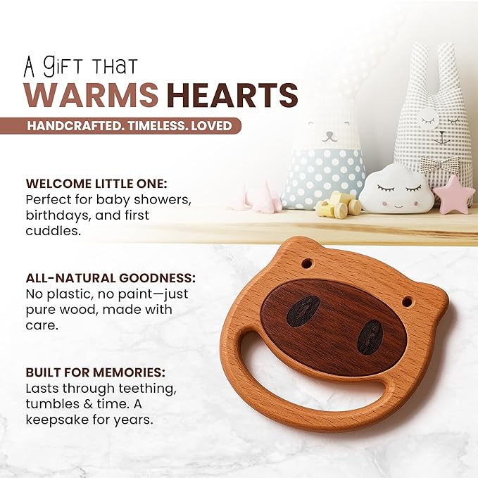 HippoToys Wooden Baby Rattle for 0 to 12 Months | No Paint, No Plastic, No Toxins | Montessori Inspired Natural Baby Toy | Calm Muted Sound | 100 Percent Natural Beechwood | Ideal for Baby Gifting