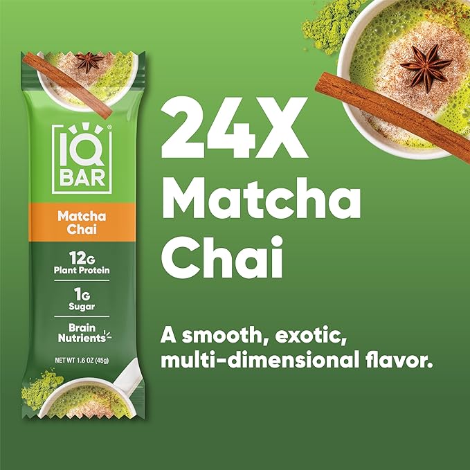 IQBAR Brain and Body Clean Plant Protein Bars - Matcha Chai - 24 Bars - Keto, Vegan, High Fiber, Gluten and Dairy Free, Low Sugar Snack with Nutrients for Focus, Energy, Meal Replacement