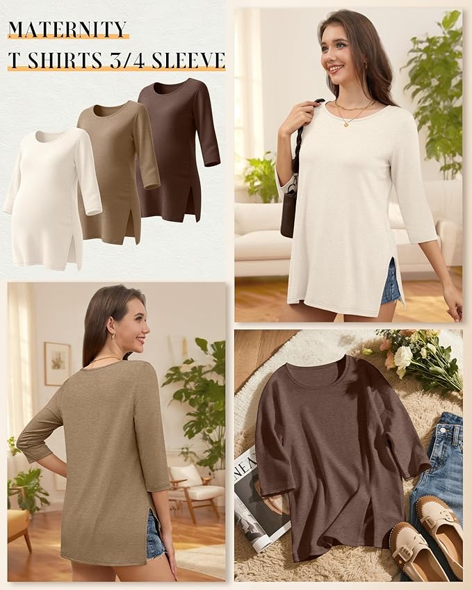 3 Pack Women's 3/4 Sleeve Maternity Shirts Elbow Length Clothes Round Neck Tunics Pregnancy Loose Side Split Tops