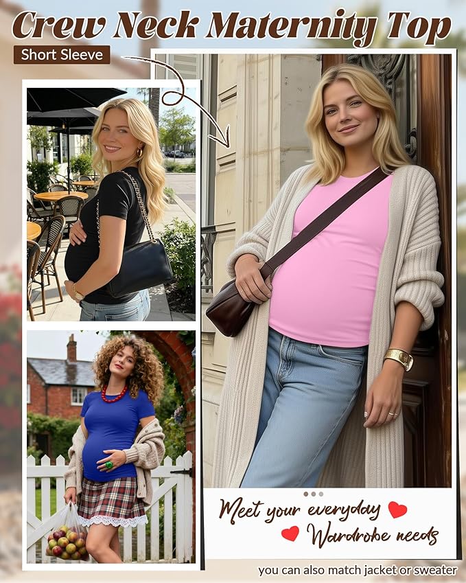 Huukeay 4 Pack Women's Maternity Shirts, Crew Neck Maternity Top Short Sleeve Casual Cotton Tee Side Ruched Pregnancy Clothes