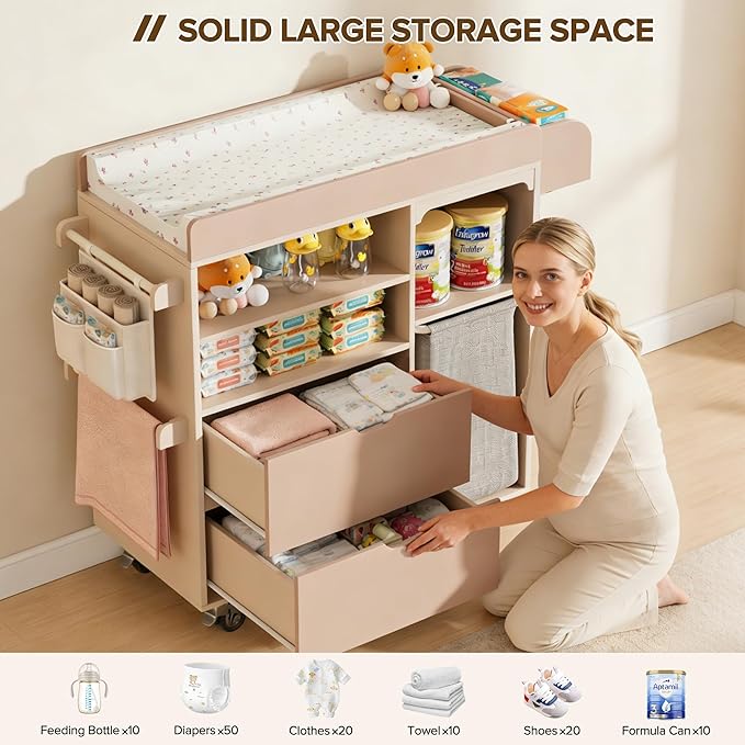 100% Solid Wood Baby Changing Table Dresser with Drawers, Nursery Diaper Changing Station with Changing Pad & Built-In Trash Bag Storage, Rolling Space-Saving Design for Newborn & Toddler, Pink