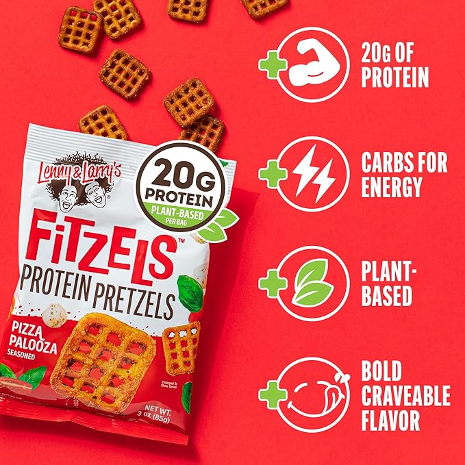 Lenny & Larry's FITZELS Protein Pretzels (Pizza Palooza) 8 Individual Bags 3 oz Each – High Protein Snacks with 20g of Plant Based Protein – Healthy Vegan Pretzels – Delicious Salty Taste