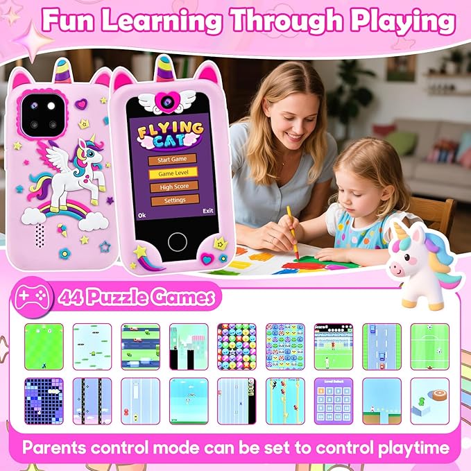 Kids Phone for Girl Toys, Christmas Birthday Gift for Girls Age 3-10, Toddler Learning Toys Phones, 2.8" Touchscreen Kids Smart Phone with Dual Camera, Game, MP3 Player, 32GB Card & Unicorn Bag Pink