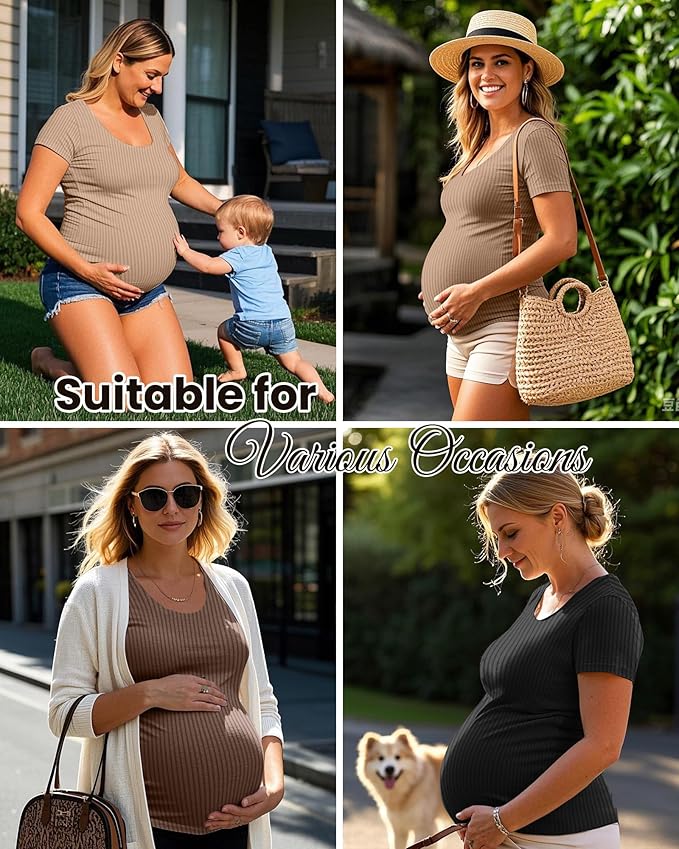 Neer 3 Pack Women's Ribbed Maternity Tops Pregnancy Round Neck Shirts Short Sleeve Soft Maternity Clothes for Mama