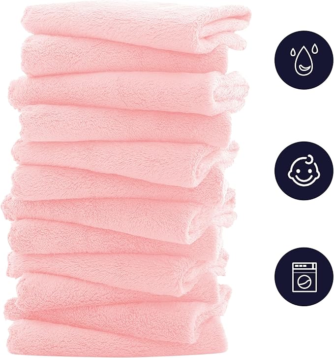 16 Pack Baby Washcloths - Luxury Coral Fleece - Extra Absorbent and Soft Wash Clothes for Newborns, Infants and Toddlers - Suitable for Sensitive Skin and New Born - Baby Shower - Pink,10x10 Inch