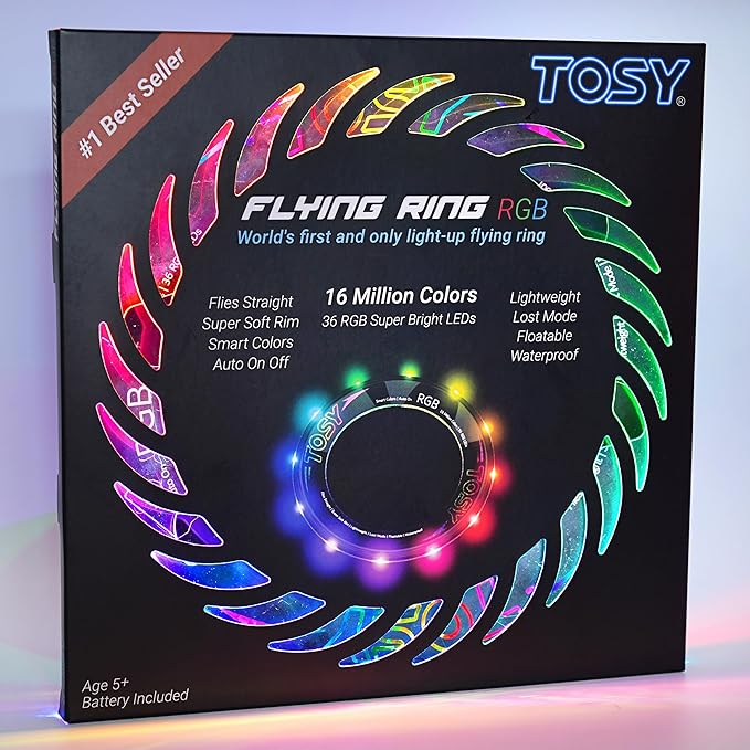 TOSY Flying Ring - 36 RGB Multicolor or 12 Monocolor LEDs, Super Bright, Lost Mode, Auto Light Up, Valentine Easter Gift for Kid/Teen/Boy/Girl, Safe, Waterproof, Pool/Beach/Camping Toy
