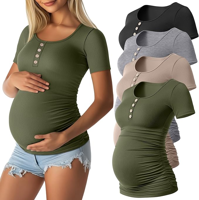 4 Pack Womens Maternity Shirts Scoop Neck Cotton Short Sleeve Ribbed Pregnancy Top Henley Side Ruched Mama Clothes