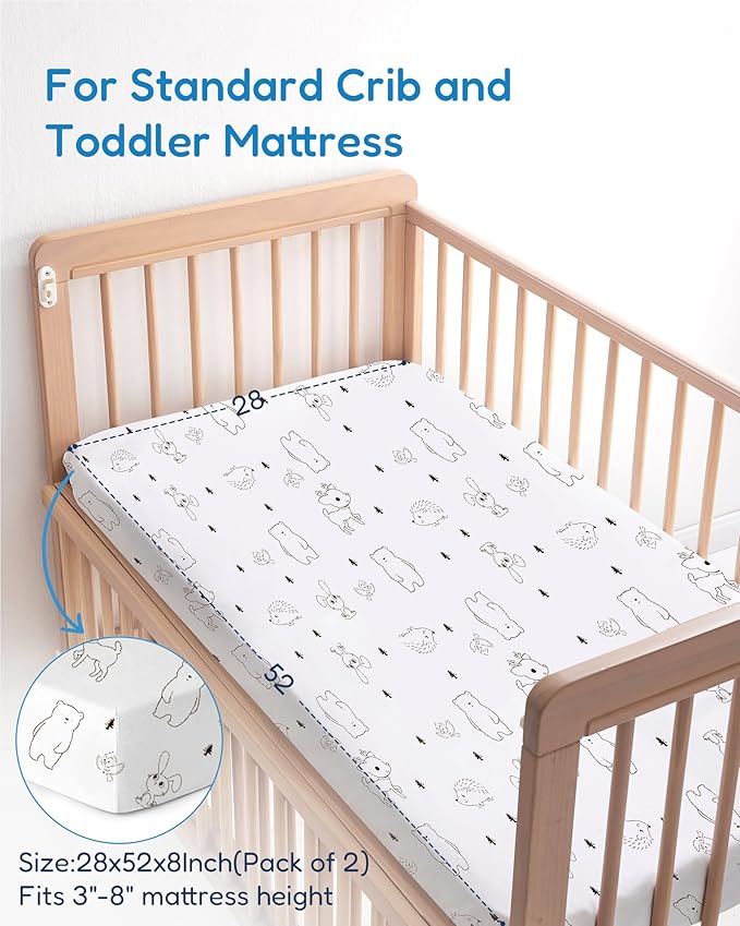 Crib Sheets 2 Pack, Fitted Crib Sheet for Standard Crib Mattress 28x52x9, Ultra Soft Jersey Knit, Breathable Stretchy Deep Pocket, Snug Fit Stays Put, Baby Crib Mattress Sheet