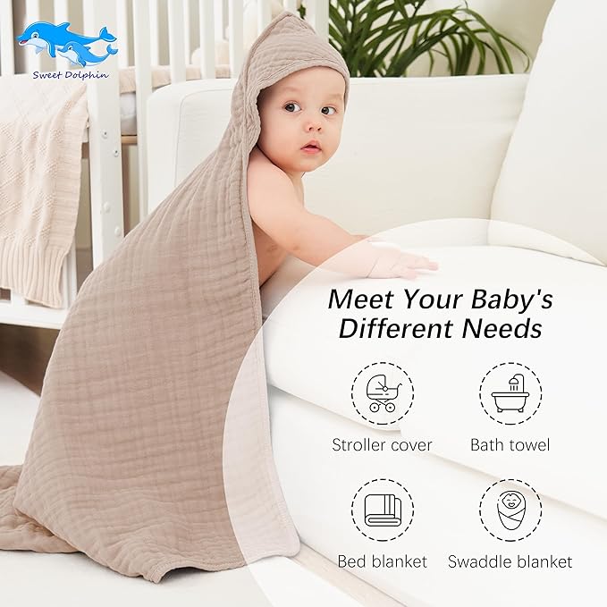 SWEET DOLPHIN Muslin Hooded Baby Bath Towels - 2 Pack 100% Cotton Towel for Babies, Infants, Toddlers - 32x32Inch - Highly Absorbent and Newborn Essential, Brown