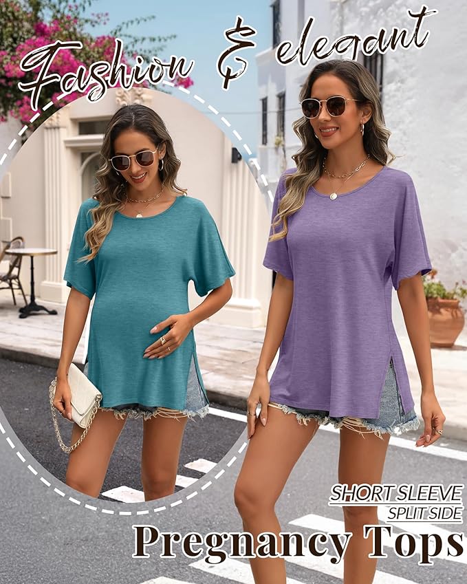 Riyiper 3 Pack Women's Maternity Tunic Shirts Cotton Summer Pregnancy Clothes Loose Oversized Split Side Blouse Tops