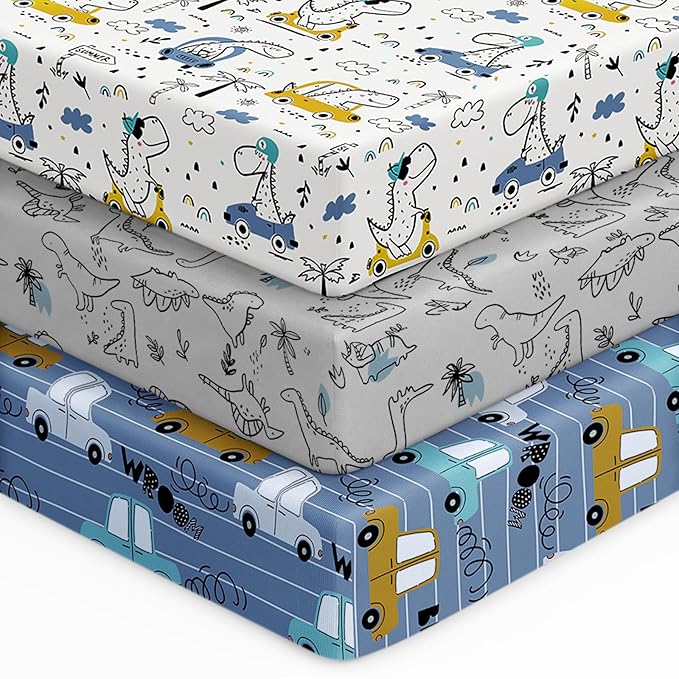 Baby Crib Sheets for Boys Girls, 28x52x8in Fitted Crib Sheet Neutral 3 Pack for Standard Crib and Toddler Mattress, Breathable Soft Microfiber Baby Sheet Grey & Blue Car