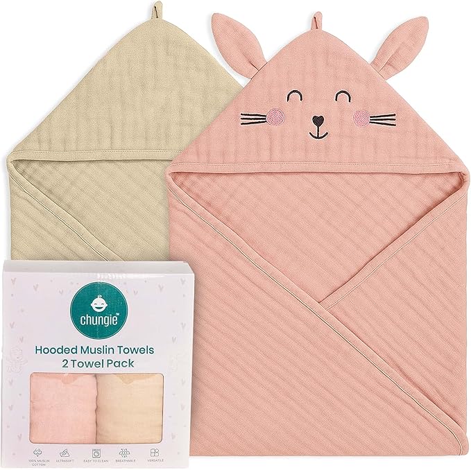 Chungie Soft Muslin Hooded Baby Towels 32x32 inches – 100% Cotton, 6-Layer Breathable Newborn Bath Towels with Hood, Pack of 2 (Printed + Embroidered)