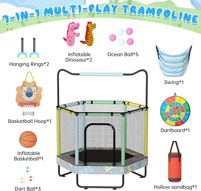 LAMERGE 55" 7-in-1 Round Trampoline for Kids Boys & Girls Ages 1-8, Indoor & Outdoor Trampoline for Fun, Adjustable Height Handrail ＆ Enclosed Safety Net ＆ Durable Designs for Toddlers Children