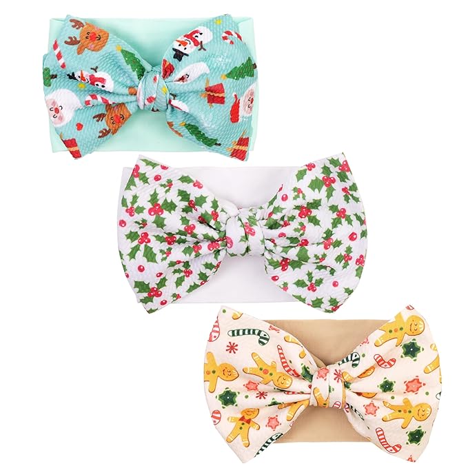 Christmas Baby Headbands 3 Pcs Nylon Headbands with Bows for Baby Girl Hair Accessories for Newborns, Infants, Toddlers Christmas Outfit