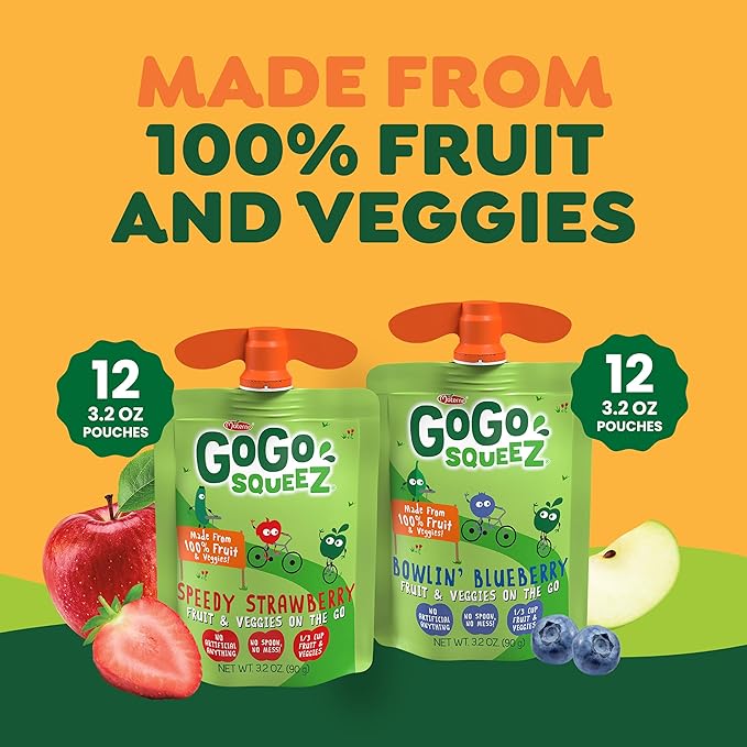GoGo squeeZ Fruit & veggieZ Applesauce and Puree Variety Pack, Speedy Strawberry and Bowlin' Blueberry, 3.2 oz (Pack of 24), Unsweetened Snacks for Kids, BPA Free Pouches