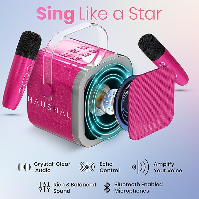 Mini Karaoke Machine for Adults Kids Teen with 2 Wireless Microphones, Birthday Gift Girls 8-12, Toys for Ages 5-7, Small Portable Bluetooth Speaker, Mini Microphone, Teens Car Singing Mic