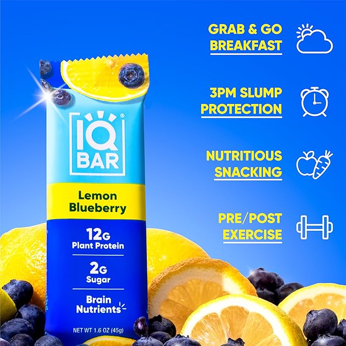 IQBAR Brain and Body Clean Plant Protein Bars - Lemon Blueberry - 36 Bars - Keto, Vegan, High Fiber, Gluten and Dairy Free, Low Sugar Snack with Nutrients for Focus, Energy, Meal Replacement