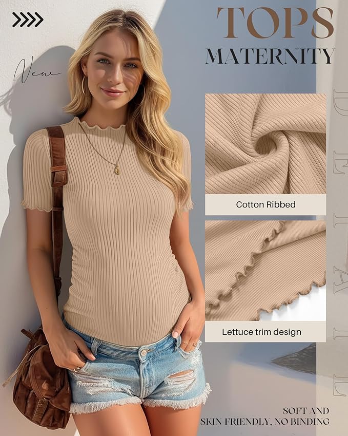 3 Pack Women's Maternity Tops Short Sleeve Ribbed Knit Maternity Shirts Crew Neck Side Ruched Pregnancy Clothes