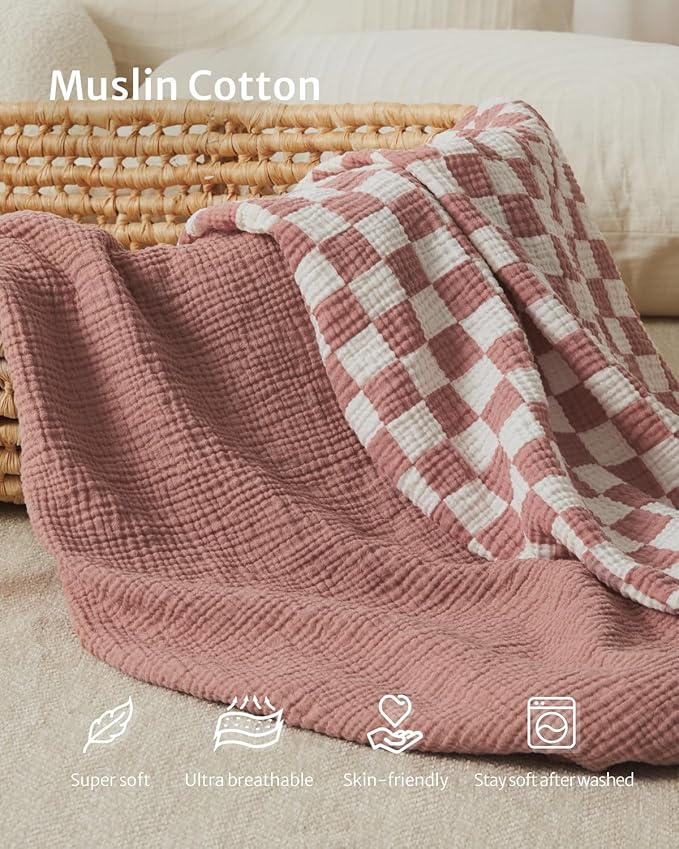 Blissful Diary Muslin Mini Crib Sheets, Pack and Play Mattress Sheets Fitted for Pack N Play, Soft Cotton for Boys Girls, 2 Pack(Dusty Pink Checkboard & Dusty Pink)