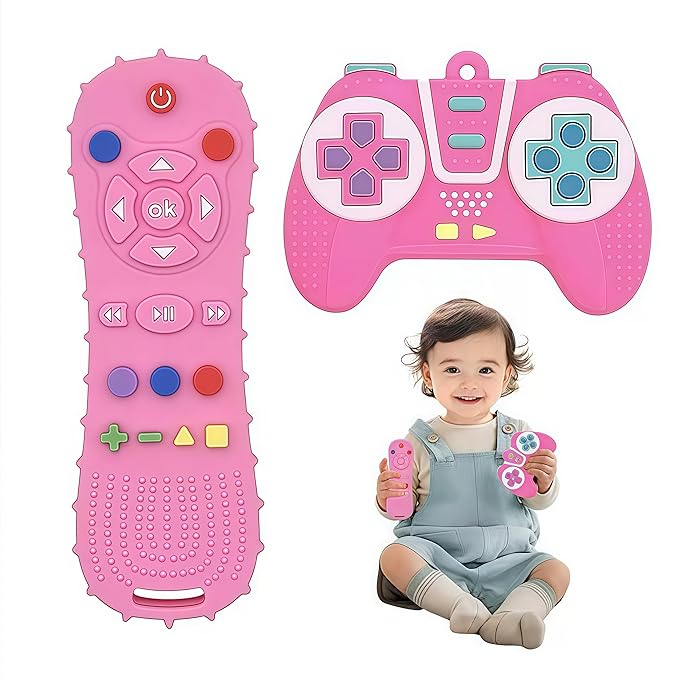 AALFA Baby Teething Toy, Soft TV Remote+Game Machine Shape Chew Set Intellectual Development Intellectual Development Educational Toy,Safe Silicone Toddler Infant (Pink (Handle+Remote Control))