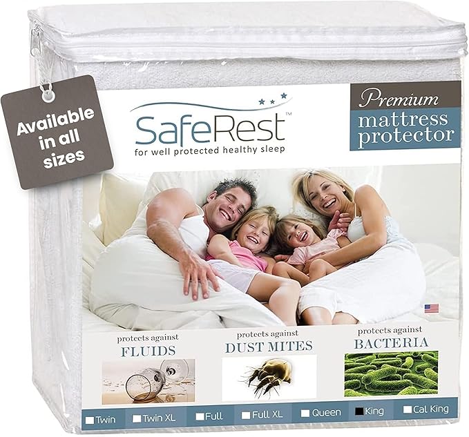 SafeRest Waterproof King Size Mattress Protector - Fitted with Stretchable Pockets - Machine Washable Cotton Blend Mattress Cover for Bed