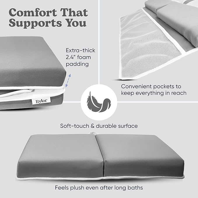 Rylor Premium Baby Bath Kneeler Mat & Elbow Rest Pad Set – Comfortable Bath Kneeler and Elbow Kneeling Rest Pad for Parents, Extra Long 26'', 2.4'' Thick, Non-Slip Support for Easy Bath Time (Grey)