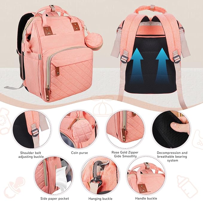 Diaper Bag Backpack with Changing Station Portable 3 in 1 Multifunction Backpack Travel mommy bag Stroller Pink
