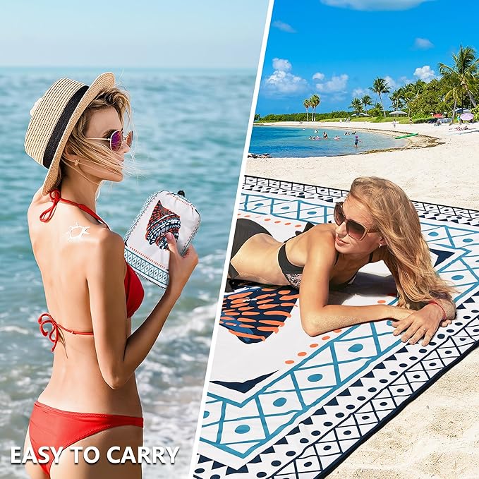 Beach Blanket Waterproof Sandproof Beach Mat 79" X 83"/10'x9'for 2-8 Adults Quick Drying Outdoor Picnic Mat Beach Accessories for Travel, Camping, Hiking