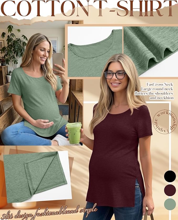 3 Pack Women's Maternity Shirts Short Sleeve Round Neck Side Split Pregnancy Tops Loose Summer Casual Mama Clothes