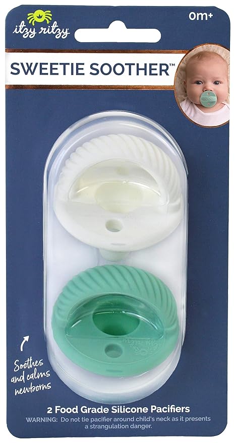 Itzy Ritzy Silicone Pacifiers for Newborn – Itzy Soother Pacifiers Feature Collapsible Handle & Two Air Holes for Added Safety – for Ages 0-6 Months, Set of 2 in Mint & White