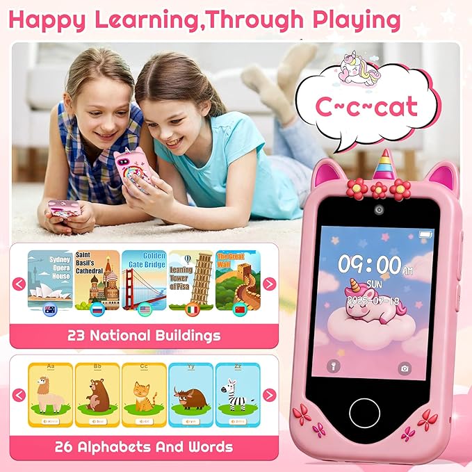 Kids Smart Phone for Girls, Touchscreen, 64GB Card Birthday Gifts for Girls Age 3, 4, 5, 6, 7, 8, 10 Year Old, Toddler Educational Learning Toys Phone with Dual Camera, Game, Music Player